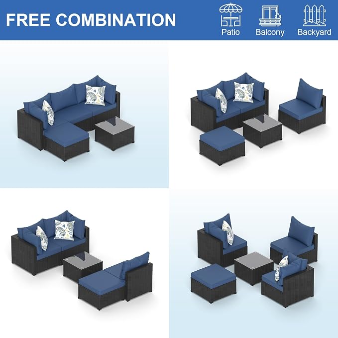 Patio Furniture Set, 5PCS Patio Sectional with Ottoman Wicker Rattan Outdoor Furniture with Thickened Cushion Modular Wicker Patio Conversation Set with Glass Top Table for Balcony, Backyard(Blue)