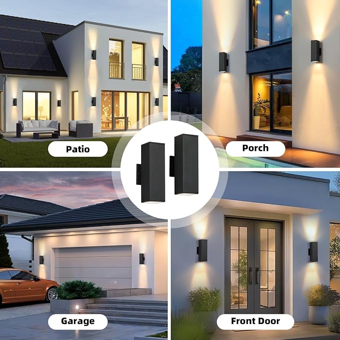 LED Outdoor Wall Sconce Lights Modern Exterior Lighting Fixtures, Matte Black Up and Down Outdoor Wall Lights for House Front Porch Garage, Warm White 3000K, 1 Pack
