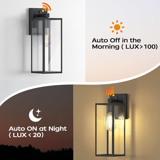 16" Dusk to Dawn Exterior Lighting Fixture, Outdoor Porch Light Wall Sconce | Anti-Rust Metal Frame, Tempered Glass, E26 Base, Waterproof, Sensor Wall Lantern for Patio, Garage, Entryway