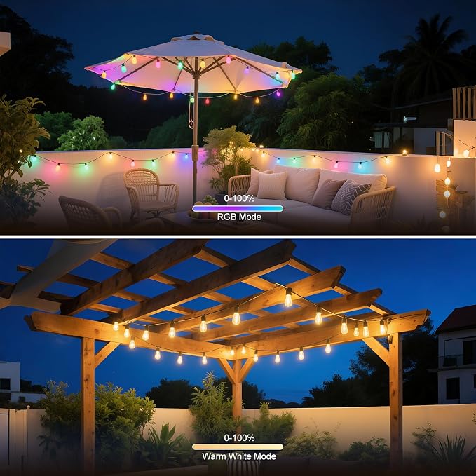 Color Changing Outdoor String Lights 48FT, Waterproof Patio Lights | 15 Dimmable Shatterproof LED Bulbs,Multicolor & Warm White, IP67 Waterproof, Custom Colors, Timer, Replaceable LED Chips, 24V