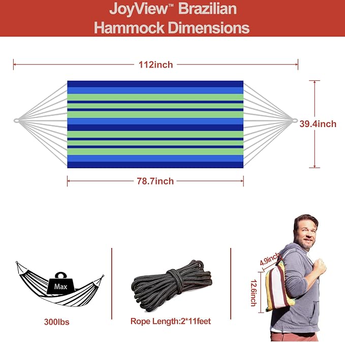 JoyView Brazilian Hammock for Single Person Portable Hammock with Hanging Ropes & Carry Bag Large 78.8x39.4” for Patio 300LBS Capacity Perfect for Outdoor/Indoor - Blue Stripes