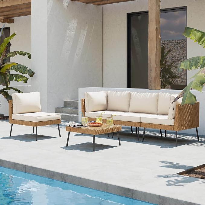 Aoxun Patio Furniture Set, 5 Piece Outdoor Sectional Sofas with Thick Cushion, Wicker Outdoor Patio Furniture Set with Coffee Table for Party, Garden, Backyard, Beige