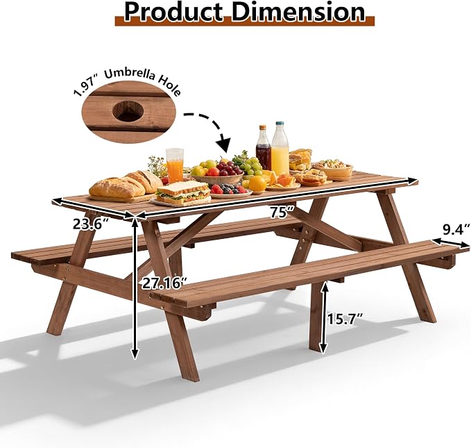 75'' Wooden Picnic Table,Outdoor Wooden Dining Rectangle Table w/Umbrella Hole,Picnic Table Bench Set for 6 or 8 Person, Natural for Camping, Garden & BBQ,Brown