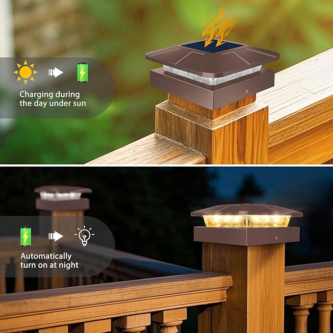 6 Packs 4x4 Post Solar Lights with 3 Modes, Waterproof LED Solar Cap Lights for 4×4/3.5×3.5 Wood/Vinyl Posts, Brown Post Top Lighting Outdoor for Fence Deck Mailbox Porch Railing