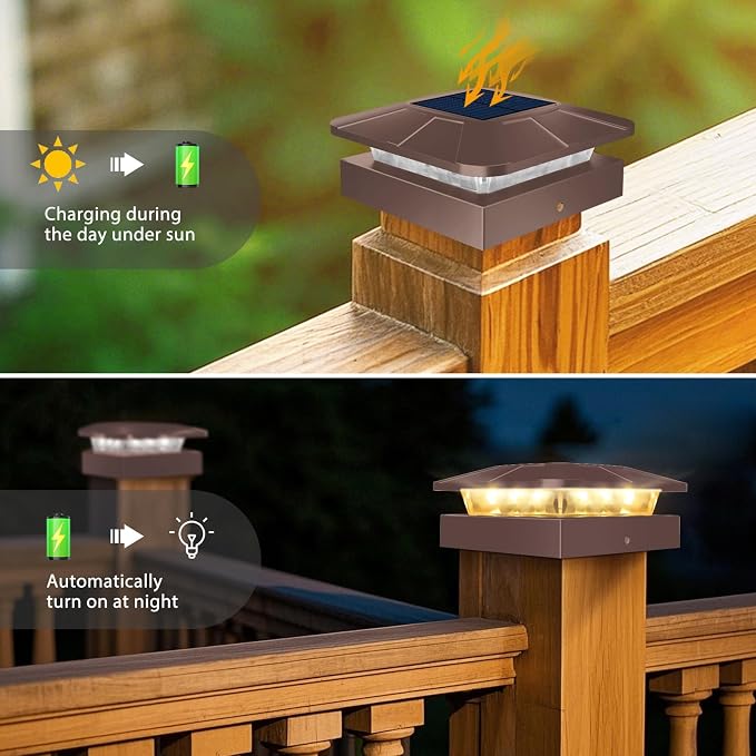 12 Packs 4x4 Solar Post Cap Lights with 3 Lighting Modes, Brown Fence Caps Light Fits 4×4/3.5×3.5 Wood/Vinyl Posts, Waterproof Outdoor Post Top Lighting for Deck Mailbox Porch Railing