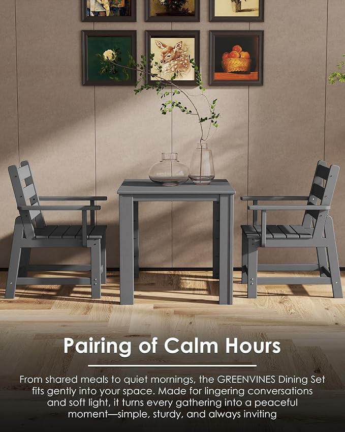 GREENVINES 5-Piece-Outdoor-Dining-Set | HDPE | Square | Patio Furniture | Table and Chairs Sets for 4 | All Weather | Removable Armrests | Umbrella Hole | for Backyard Poolside Garden | Grey