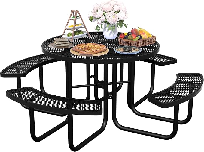 46'' Round Metal Picnic Table for Outdoors, Commercial Steel Metal Picnic Tables, Heavy Duty Sturdy Picnic Tables Furniture Set for Patio Garden Courtyard BBQ, with Umbrella Hole