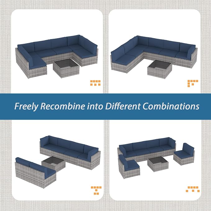 AECOJOY 7 Piece Outdoor Patio Furniture Set, Outdoor Sectional Conversation Furniture Chair with Coffee Table, Patio Sectional for Backyard, Garden(Navy Cushions and Grey PE Rattan)