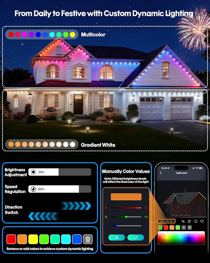 Super RGB Permanent Outdoor Lights 50FT, Smart RGB+IC Eave Lights with Remote APP Control, DIY LED Color Individual, White & Colorful Christmas String Light, IP67 Waterproof for House Outside Decor