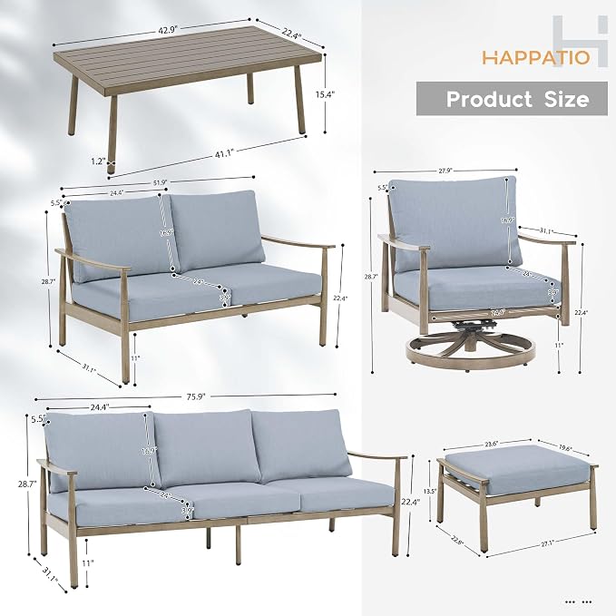 HAPPATIO Patio Outdoor Furniture Set - 7 Pieces Aluminum Outdoor Conversation Set Includes 1 Three-Seater Sofa, 1 Loveseat, 1 Coffee Table, 2 Swivel Chairs and 2 Ottomans for Porch, Lawn (Brown)