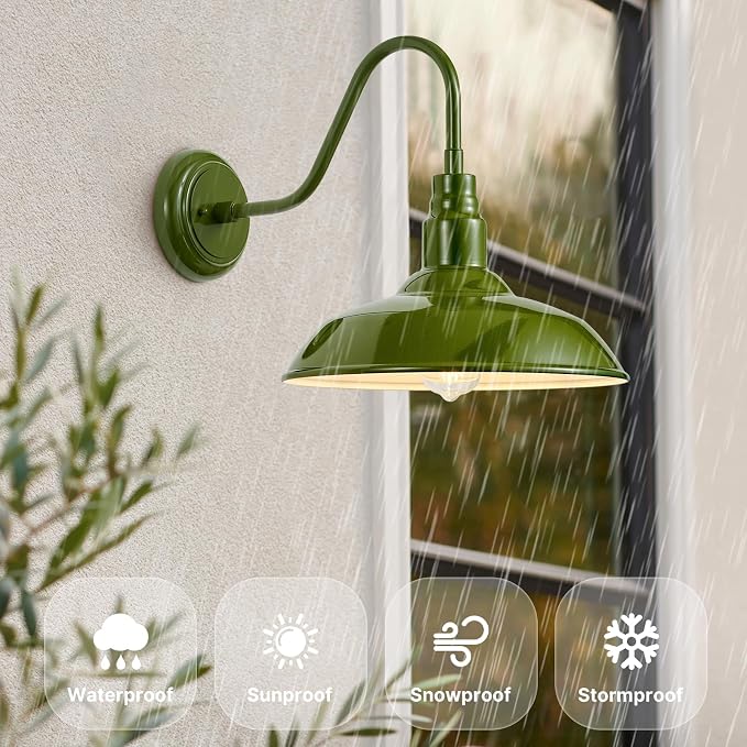 14 Inch Dome Outdoor Gooseneck Barn Lights Olive Green Farmhouse Exterior Wall Lights for Porch, 2Pack Patio Barn Style Wall Mount Gooseneck Lighting for House, Garage