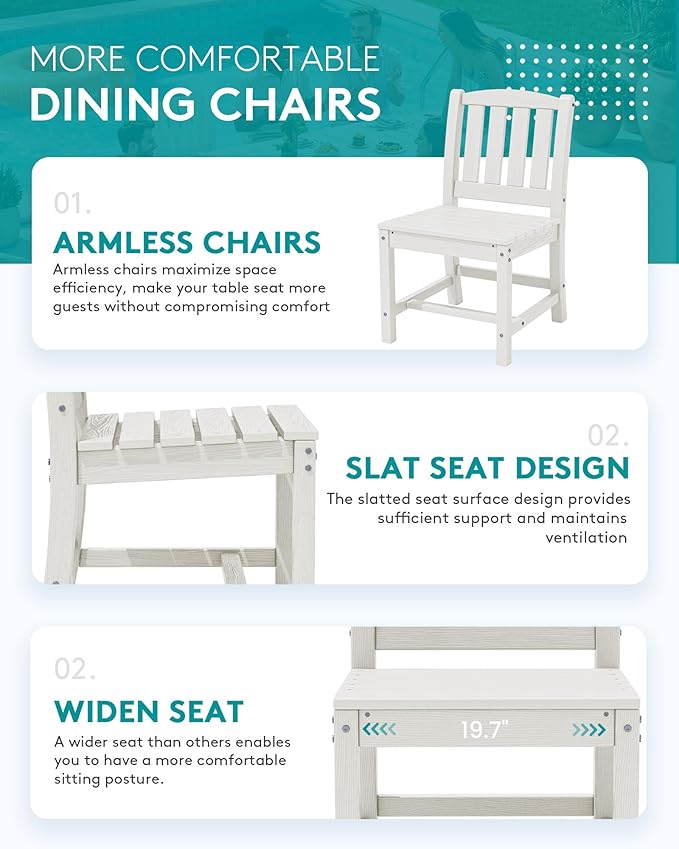 SERWALL Outdoor Patio Dining Set for 8, White | 60" - 83" Expandable Outdoor Dining Table and 8 HDPE Chairs, All Weather Material Outdoor Furniture Set Backyard, Garden