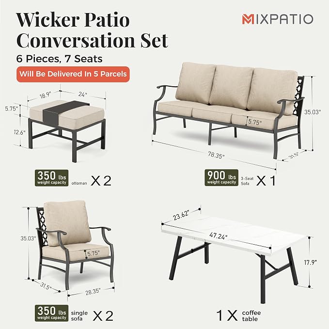 MIXPATIO Patio Furniture Set 6 pcs, Outdoor Patio Furniture, 3-Seat Sofa, 2 Single Chairs, 2 Ottomans, Coffee Table and 5.75" Extra Thick Cushion, Patio Conversation Set,Beige
