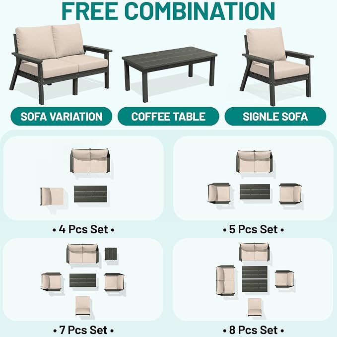 PLUUV 4-Piece HDPE Patio Sofa Set, All-Weather Outdoor Sectional Furniture with Thick Cushions, Modular Couch Set for Deck, Lawn, Gray Frame with Khaki Cushion