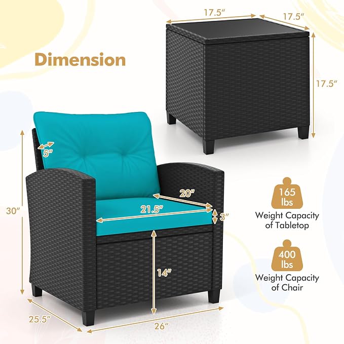 RELAX4LIFE 3-Piece Patio Furniture Set - Wicker Rattan Bistro Sofa Set w/Glass Top Coffee Table, Washable Cushions for Porch Balcony Backyard Poolside, Outdoor Furniture Conversation Set (Turquoise)
