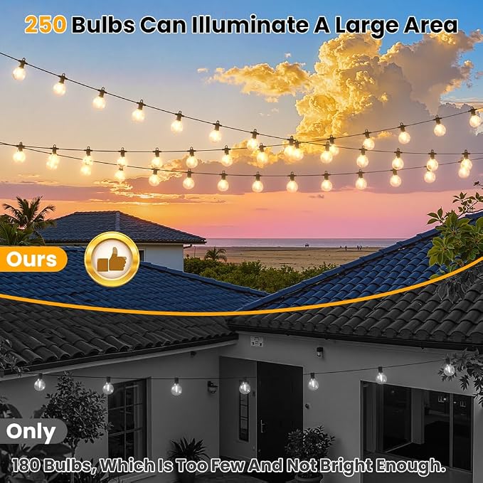 LED Outdoor String Lights, 500FT Patio Lights with 250+10 Shatterproof G40 Globe Bulbs, Waterproof Connectable Dimmable 2700K Hanging Lights for Outside Backyard Porch Balcony Party Gazebo Bistro cafe
