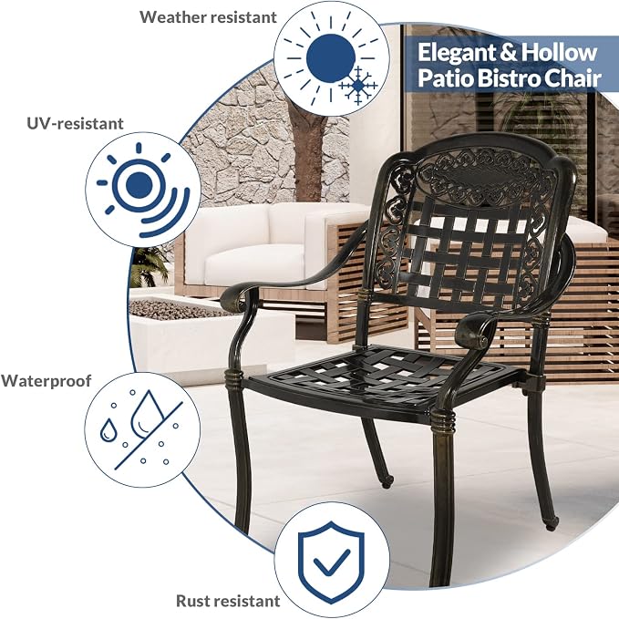 5-Piece Outdoor Patio Dining Set, All-Weather Cast Aluminum Furniture Conversation Set, Include 4 Chairs and a 38.5” Round Table with Umbrella Hole for Balcony, Lawn, Garden
