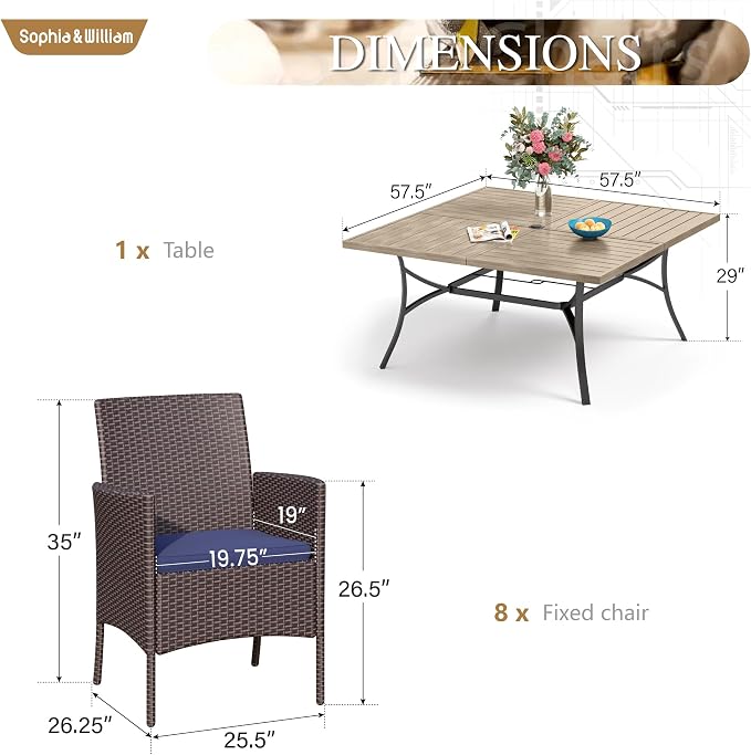 Sophia & William 9pc Square Patio Dining Set for 8, Rattan Chairs | Patio Table Set for 8, Teak Color Metal Table with Umbrella Hole, Wicker Chairs, Rust-Resistant Frame