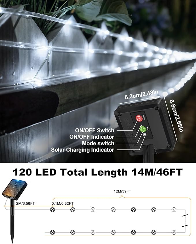 btfarm Solar Rope Lights, 120LED 46FT Solar String Lights Outdoor Waterproof, 8 Lighting Modes Solar Powered Strip Trampoline Light for Outside Garden Tree Christmas Yard Patio Decor, Cool White