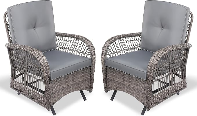 VIVIJASON 2-Piece Outdoor Wicker Glider Rocking Chair, Patio Rattan Swing Glider Chairs with Cushions & Steel Frame, All-Weather Gliding Lawn Wicker Furniture for Garden Backyard Porch, Grey