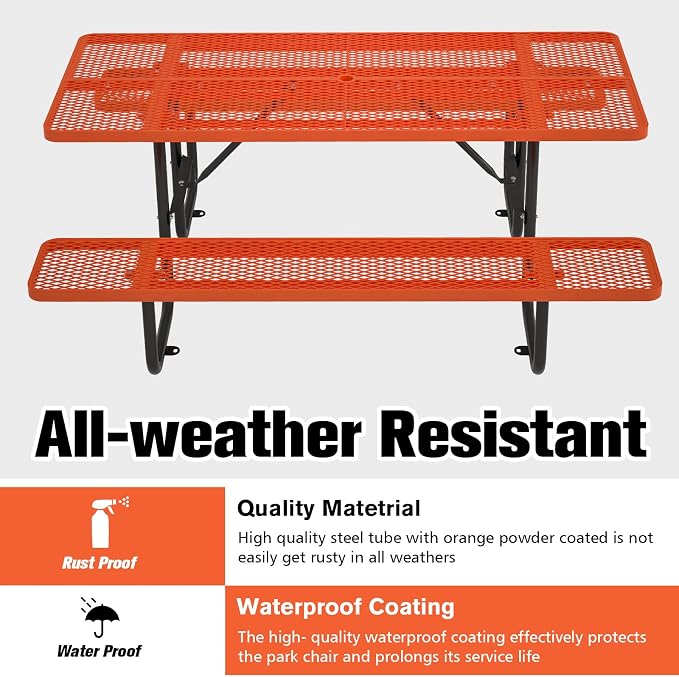 72'' Rectangular Steel Picnic Table for Outdoors,Commercial Metal Picnic Table with Umbrella Hole,Heavy Duty Sturdy Picnic Tables Furniture Set for Patio Garden Courtyard BBQ,Orange