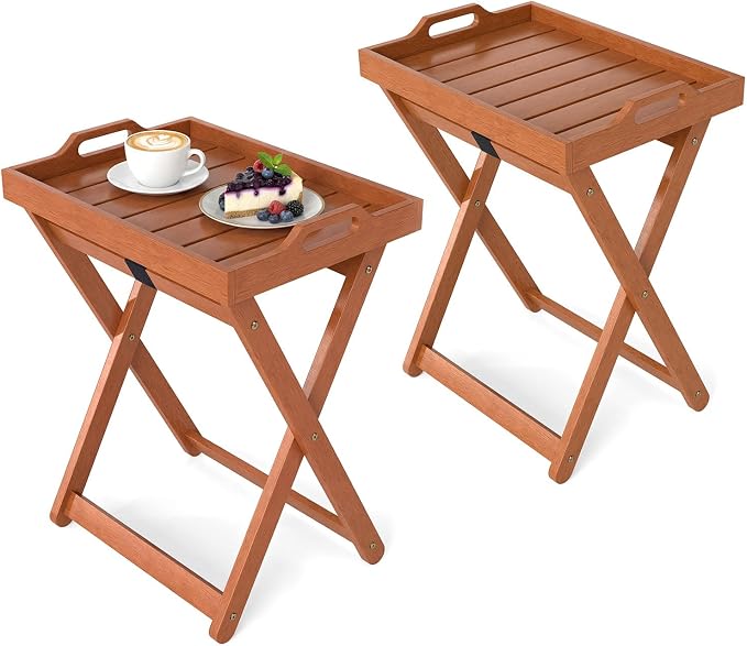 HAPPYGRILL Outdoor Wood Tray Table Folding Side Table with Removable Serving Tray, Portable Patio End Table for Porch, Garden, Backyard, Poolside (2)