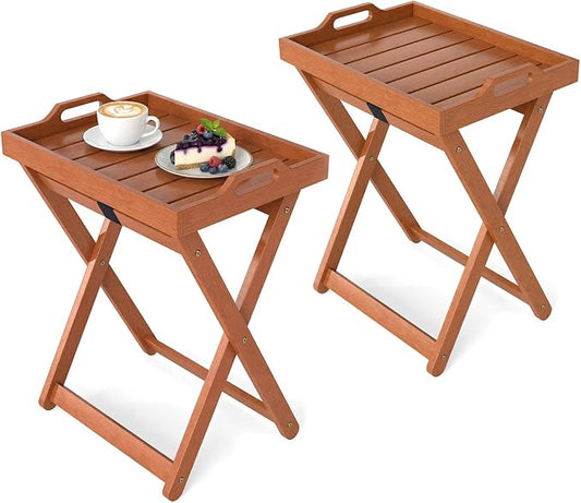 HAPPYGRILL Outdoor Wood Tray Table Folding Side Table with Removable Serving Tray, Portable Patio End Table for Porch, Garden, Backyard, Poolside (2)