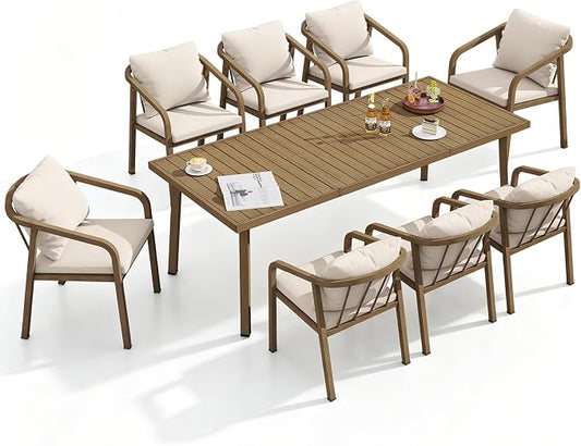 9 Pieces Never-Rust Aluminium Outdoor Dining Set, Patio Table and Chairs for 8, Patio Dining Set with Rectangle Table, Outdoor Dining Chairs with Removable Cushions for Deck, Backyard, Teak