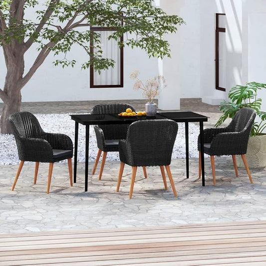 5 Piece Patio Dining Set with Cushions Black Outdoor Rattan Table and Chairs for Garden Deck Backyard Dining Conversation Seating Set with Glass Top