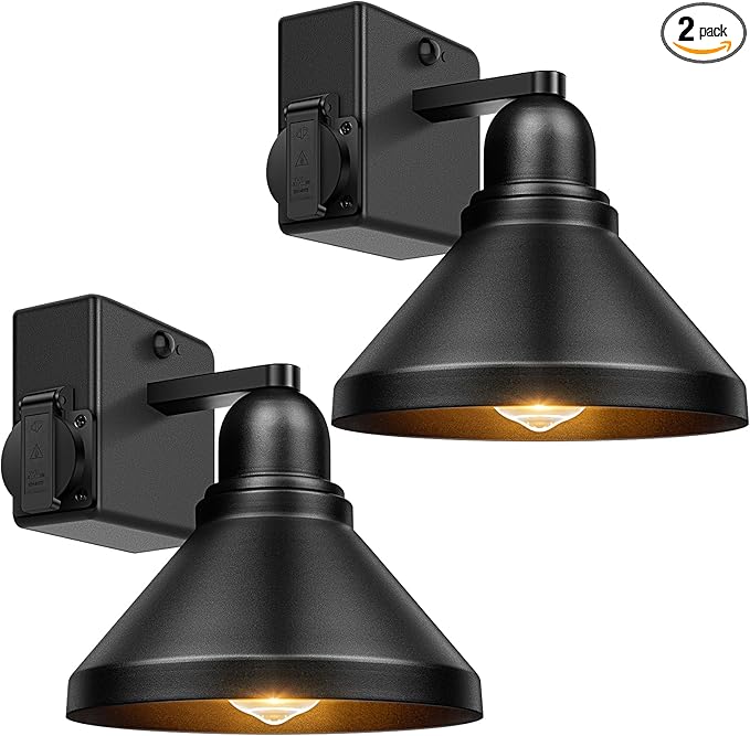 Motion Sensor Outdoor Wall Lights, Dusk to Dawn Porch Lights Outdoor Wall Sconces, Exterior Barn Lighting Fixtures with Outlet, Black Outside Lights for House, 2-Pack