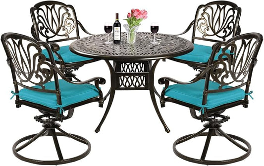 VIVIJASON 5-Piece Outdoor Patio Dining Set, All-Weather Cast Aluminum Conversation Set, Patio Furniture Set, Include 4 Swivel Dining Chairs, a 35.4" Round Table w/Umbrella Hole, Ocean Blue Cushion
