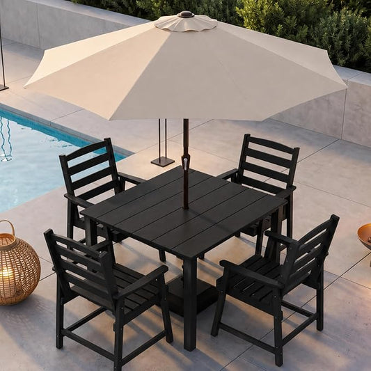 HDPE Outdoor Dining Set for 4 with 10FT Umbrella, Black | All-Weather HDPE, Wood Grain Finish, 42.5" Square Table, Built-In Umbrella Hole, Seats 4, Patio & Poolside Ready