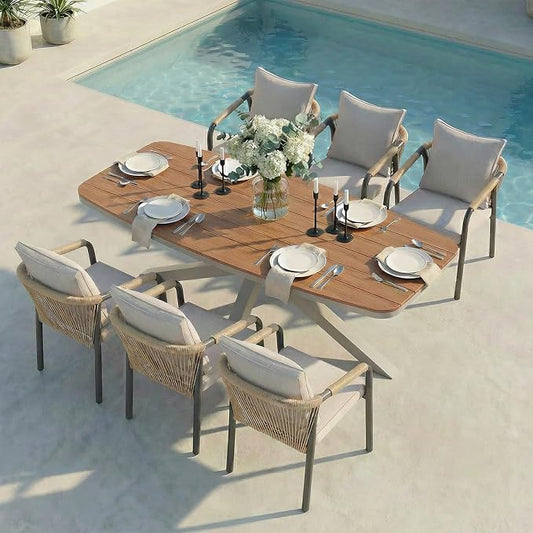 SUNSITT 7 Piece Outdoor Patio Dining Set, Patio Dining Furniture Set with 87” Aluminum Dining Table w/X Base Legs and 6 Woven Wicker Patio Chairs w/Curved Backrest for Garden, Flaxen