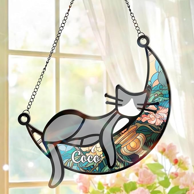 Custom Cat Memorial Suncatcher for Windows Ornament, Pet Sympathy Gift to Memorialize The Loss, Cat Sleep Sun Catchers with Personalized Decorations in Loving Memory for Loss Pet