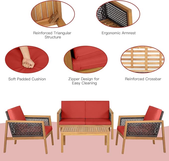 8 Pieces Outdoor Acacia Wood Furniture Set, Outdoor PE Wicker Conversation Set with Coffee Table and Soft Cushions, Outdoor Sofa Set for Garden, Poolside and Backyard (2, Red)
