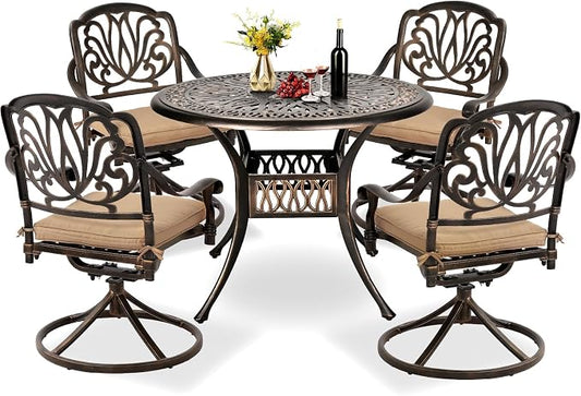 TITIMO 5-Piece Outdoor Patio Dining Set, All-Weather Cast Aluminum Furniture Patio Conversation Set 4 Swivel Chairs and 35.4" Table w/Cushions and Umbrella Hole for Backyard Garden Deck (Khaki)