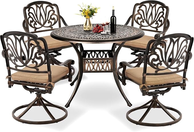 TITIMO 5-Piece Outdoor Patio Dining Set, Cast Aluminum Furniture Set All-Weather Includes Khaki Cushions and 35.4" Round Table with Umbrella Hole for Yard Garden Deck (Khaki)