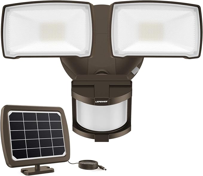 LEPOWER LED Solar Security Lights 1000LM Solar Powered Flood Lights Outdoor | 2 Head Solar Powered Flood Lights, 5500K, Easy Installation, IP65 Waterproof for Garage, Yard, Porch, Garden, Driveways-Brown