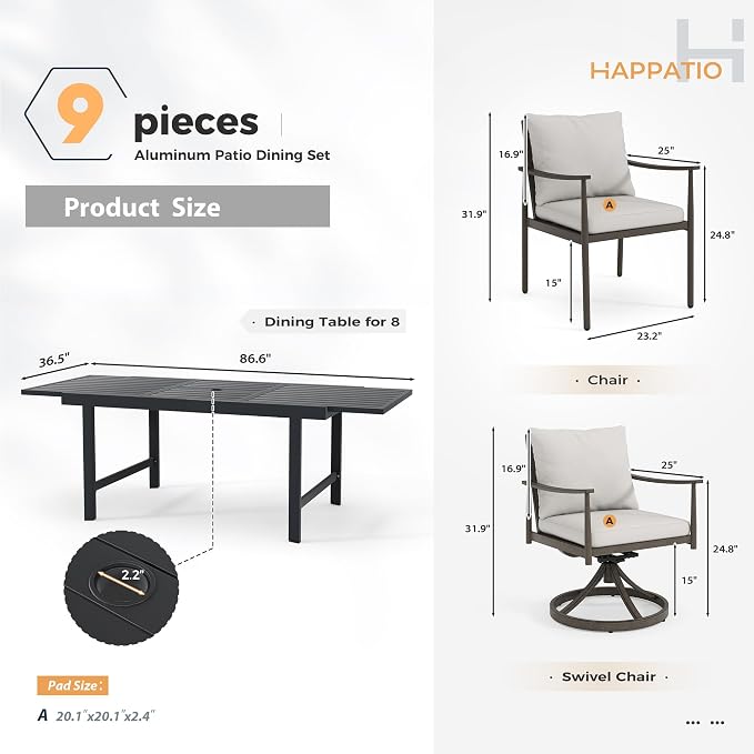 HAPPATIO 9-Piece Aluminum Patio Dining Set,Aluminum Outdoor Dining Set,6 Dining Chairs and 2 Swivel Chairs with Expandable Table with Umbrella Hole for Lawn, Garden, Backyard