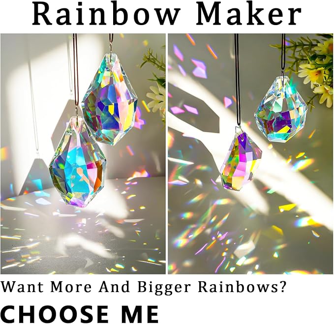2 Pcs 3.5 Inch AB Crystal Prism Suncatcher Window Decor | AB Colored Crystal Prism Suncatcher Rainbow Maker Hanging Pendants Set of 2 for Window Garden Home Office Wedding Decor Gift