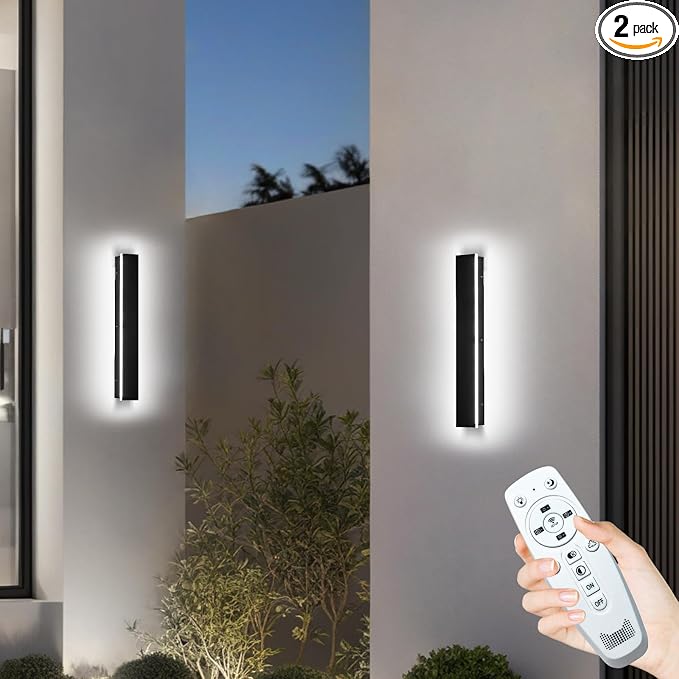 2 Pack 24" Modern Outdoor Wall Lights, 2700k-6500k Dimmable Long Wall Light | 3 Color Temperature Adjustment, IP65 Waterproof , Remote Control Adjustment, Smart Switch Compatible