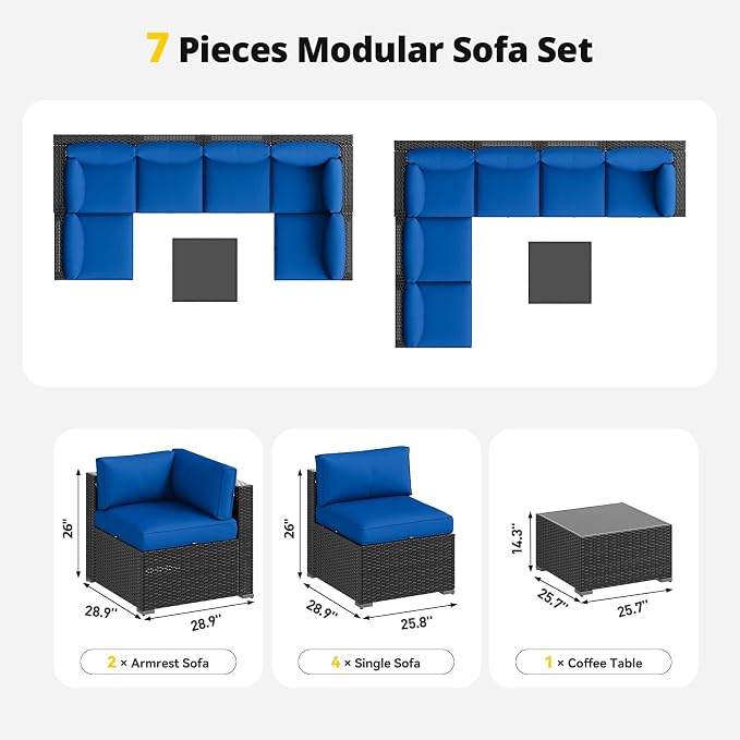 Aoxun Patio Furniture Set with Umbrella, 8 Piece Outdoor Sectional Sofas, Wicker Rattan Outdoor Furniture with Thickened Cushion for Backyard, Garden Navy Blue