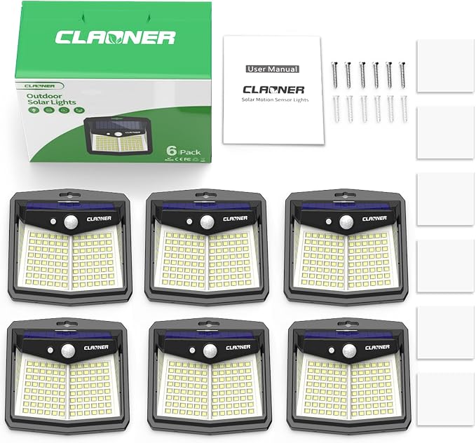 CLAONER Solar Lights Outdoor, [128 LED/6 Packs] Solar Motion Sensor Lights 3 Working Modes Outdoor Lights with 270° Wide Angle Wireless IP65 Waterproof Security Light for Fence Patio, Cold White