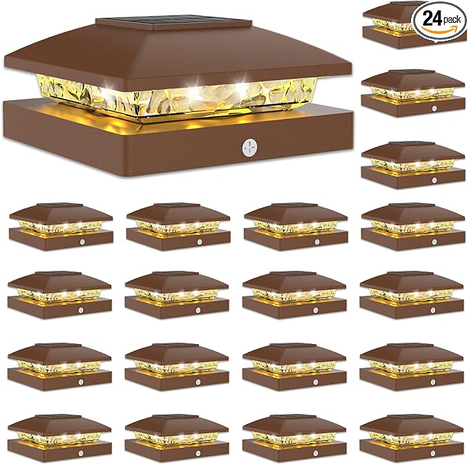 VOLISUN 24 Pack Brown Solar Post Cap Lights Fit 4x4 Fence Deck Post | Waterproof outdoor lighting, warm white glow, fits wooden & vinyl 4x4 posts, solar powered for yard patio fence deck