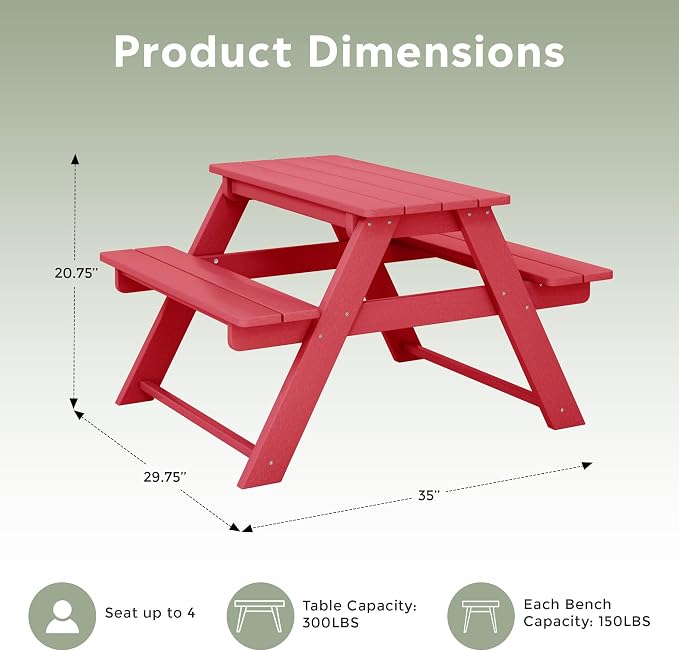 WestinTrends Malibu Outdoor Patio and Indoor Kids HDPE Plastic Picnic Bench Table, Red