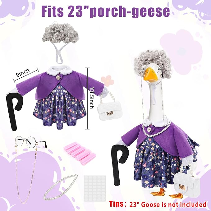 GJL Old Lady Porch Goose Outfits, Spring Summer Grandma Goose Clothes with Wig Glasses Pearl Necklace, Fits 23 Inch Cement Plastic Goose Statue for Outdoor Yard Garden Decor