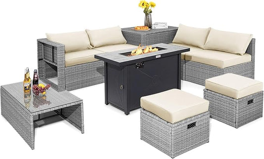 Tangkula 9 PCS Patio Furniture Set with 42” 60,000 BTU Fire Pit, Outdoor Space-Saving Sectional Sofa Set with Storage Box, Waterproof Covers Included