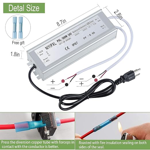 LED Driver 300 Watts(150W X2) 24V DC Transformer， Waterproof IP67 Power Supply, 24V DC Low Voltage Output Adapter with 3-Prong Plug 3.3 Feet Cable for LED Light, Computer Project, Outdoor Light