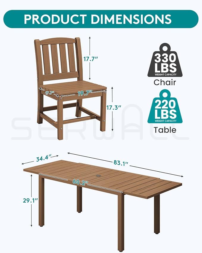 SERWALL Outdoor Patio Dining Set for 8, Brown | 60" - 83" Expandable Outdoor Dining Table and 8 HDPE Chairs, All Weather Material Outdoor Furniture Set Backyard, Garden