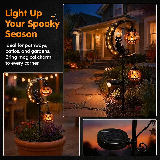 Solar Halloween Black Cat & Pumpkin Moon Garden Stake Light, Outdoor Waterproof LED Yard Decoration with Crescent Moon, Hanging Jack-o'-Lantern Lantern for Garden, Patio, Walkway, Porch (Style A C)